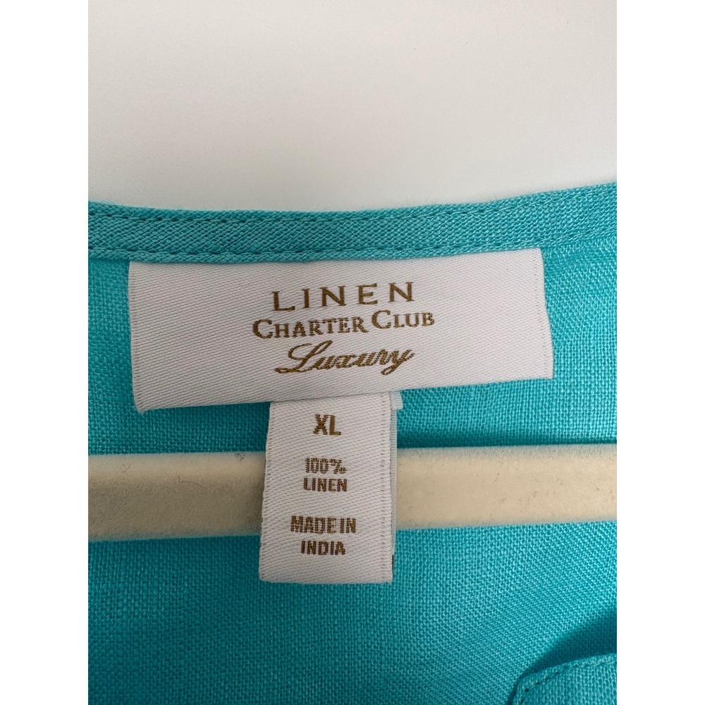 Charter Club Luxury Linen Turquoise Bow Tie Sleeve Split Neck XL Coastal Chic - Picture 7 of 8